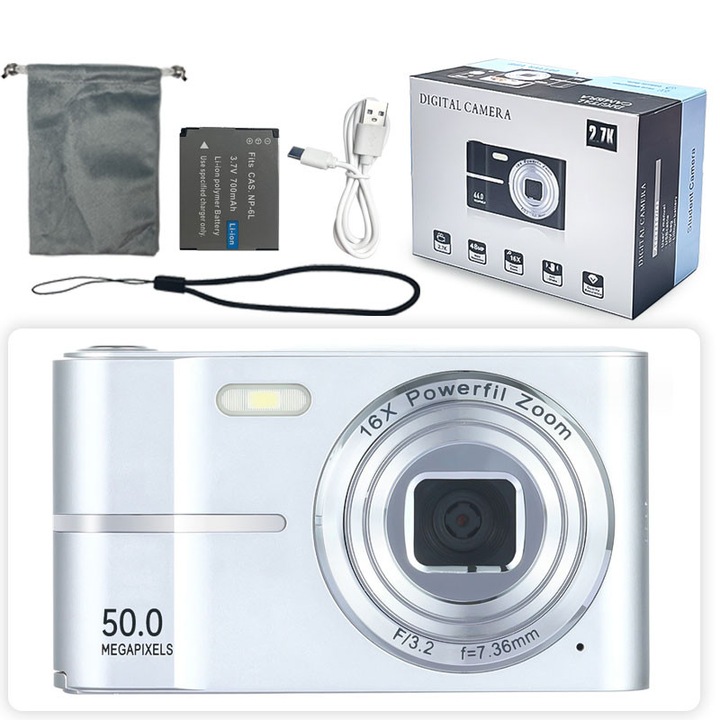 Aparat foto digital portabil ORBER, CCD, 4K, HD de 50 megapixeli, zoom digital 16x, ecran LCD de 2, 4 inci, blit incorporat, stabilizare a imaginii, 90.3 × 56.3 ×24 mm, Argintiu