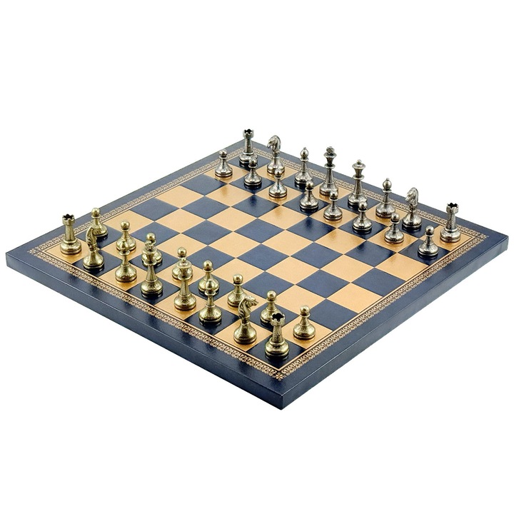 Set de sah Mignon Flowery Italfama, figuri metalice 4.8cm, tabla din piele ecologica 33x33cm, aurie/albastra