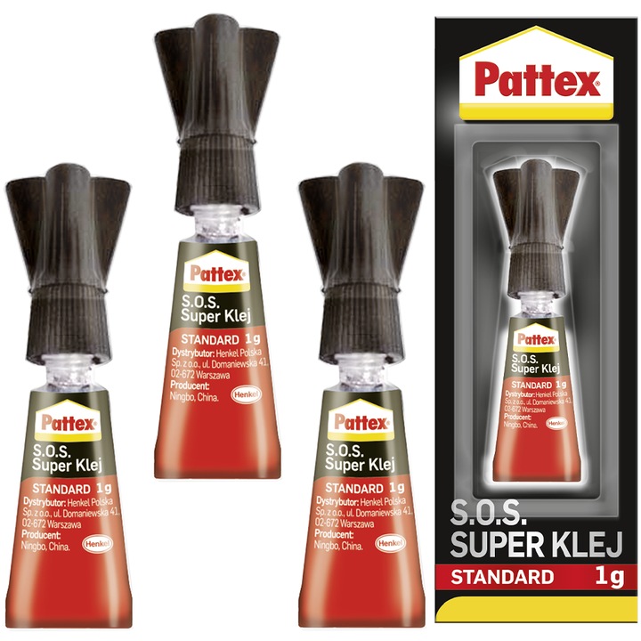 Pattex SOS Super Ragasztó Standard 1g x3 gyorsan száradó, átlátszó, vízálló, univerzális, fém tubus, precíz adagoló, fa, fém, műanyag, kerámia