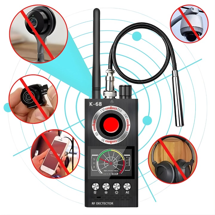 Detector inteligent aparate spionaj, K68, Spionescu, detectare camere ascunse, GPS, RF si IR, scanare laser, afisaj LED, baterie 1200 mAh, autonomie 8-10 ore, frecventa 1 MHz – 8000 MHz, negru