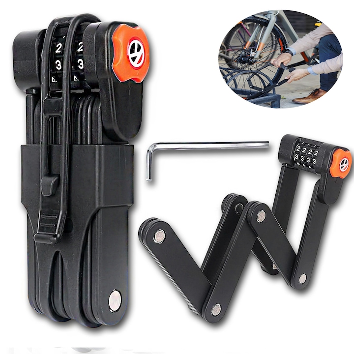 Antifurt pliabil cu cheie pentru bicicleta de oras si electrica, MTB, trotineta, scuter, suport prindere, lungime 85 cm, otel inoxidabil 304 + ABS rezistent la apa, YOUKUKE®, negru