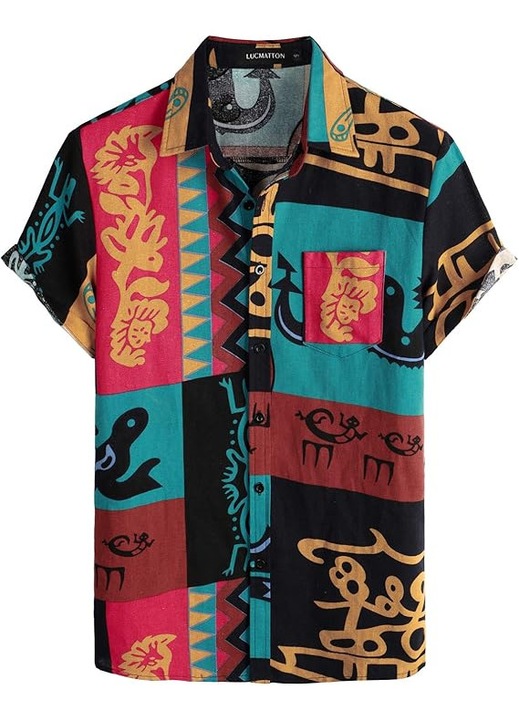 Хавайска риза LucMatton, жълто-синя, памук и лен, къс ръкав, стандартна кройка, S INTL