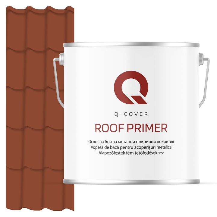 Vopsea de baza pentru acoperisuri metalice, Q-COVER, Caramiziu RAL8004, 5L, vopsea metalica elastica, protectie anticoroziva avansata, aderenta ridicata, ideala pentru tabla zincata, suprafete expuse la intemperii, variatii de temperatura