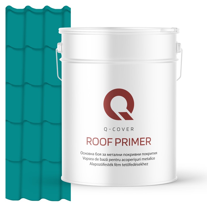 Vopsea de baza pentru acoperisuri metalice, Q-COVER, Albastru turcoaz RAL5018, 10L, vopsea metalica elastica, protectie anticoroziva avansata, aderenta ridicata, ideala pentru tabla zincata, suprafete expuse la intemperii, variatii de temperatura