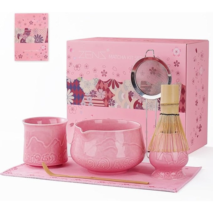 Set 6 bucati pentru ceai matcha, ZENS Matcha – Bol Ceramic Mat, Ceasca, Strecuratoare, Maturica cu Suport, Lopatica din Bambus si Prosop, roz