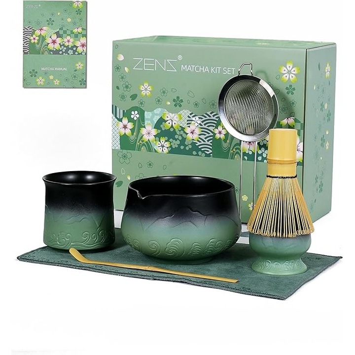 Set 7 bucati pentru ceai matcha, ZENS Matcha – Bol Ceramic Mat, Ceasca, Strecuratoare, Maturica cu Suport, Lopatica din Bambus si Prosop, Verde Salvie