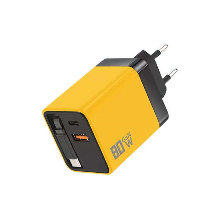 Incarcator multiport, 3porturi cu incarcare rapida de 80Wnitrura de galiu, 1 port USB 2 port Type-C, accepta protocolul QC3.0, design universal multiport, compatibil cu telefoane mobile, smartwatch-uri, iPhone, laptop, Huawei, Samsung, Xiaomi, universal