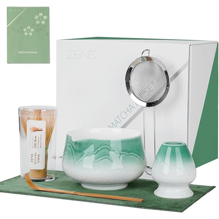 Set 6 bucati pentru ceai matcha, ZENS Matcha – Bol Ceramic Mat, Ceasca, Strecuratoare, Maturica cu Suport, Lopatica din Bambus si Prosop, albastru multicolor