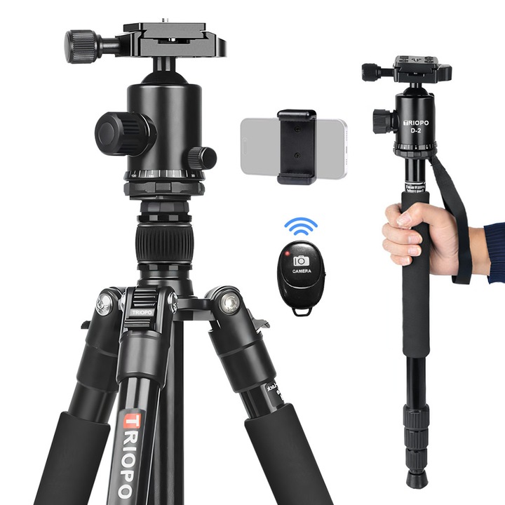 Професионален Телескопичен Фото Статив, 46-164 см, За Телефон/Фотоапарат, Сваляща се 360° сферична глава, Алуминий, Максимално тегло 6 кг, Включен държач за телефон, С чанта за съхранение, Черен