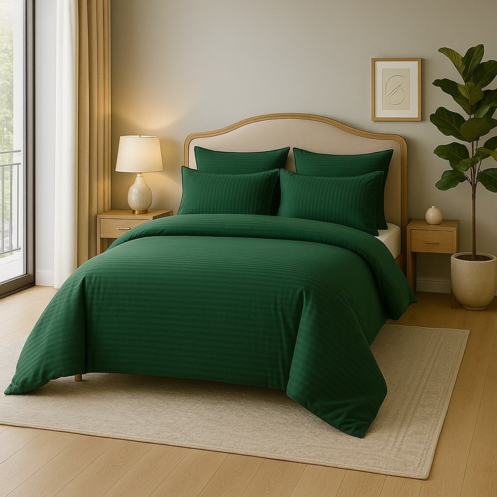 Set Lenjerie de pat Dublu, Tip Damasc, 6 Piese, Delux, Cearceaf de pat 220 x 240 cm, Cearceaf pilota 200 x 230 cm, 2 Fete de perna 50 x 70 cm, 2 Fete de perna 75 x 75 cm, Verde | Verde inchis