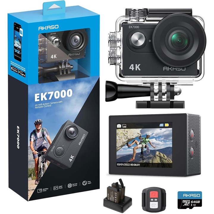 Camera de Actiune AKASO EK7000 4K UltraHD 30FPS, 20 MP, Stabilizare EIS, WiFi, Subacvatica 40m, Unghi 170°, Telecomanda, App Control, Zoom 4x, Mod Rafala, Loop Recording, Time Lapse, 2 Baterii + Card 64GB, Kit Accesorii, Black