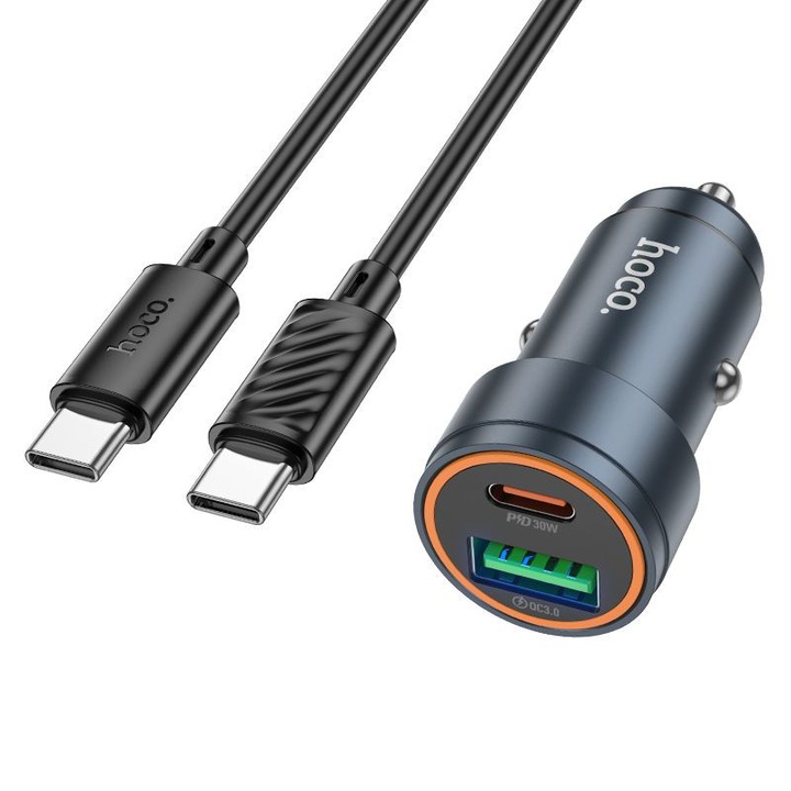 Hoco Z57A 30W PD + QC3.0 autós szivargyújtós gyorstöltő szett – dual USB-C + USB-A port, alumínium ház, 1m USB-C - USB-C kábel, szürke