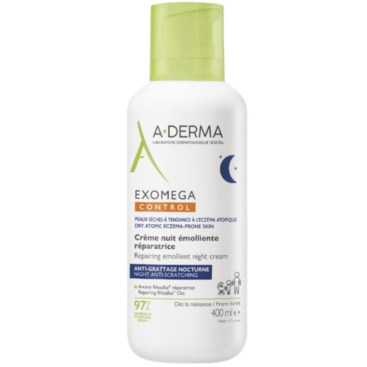 Crema de noapte emolienta reparatoare A-Derma Exomega Control, pentru piele uscata, atopica, 400 ml
