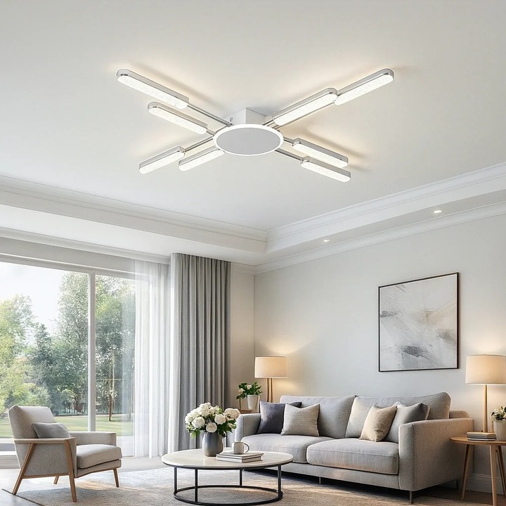 Модерна LED лустра Magic Time с дистанционно управление, 66*2W, бял-хром, 84x7см