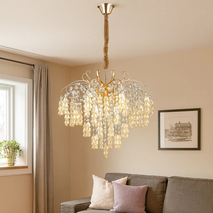 Candelabru Magic Time Erenith, 5 surse E27, aspect frunze, finisaj auriu, 47x42cm