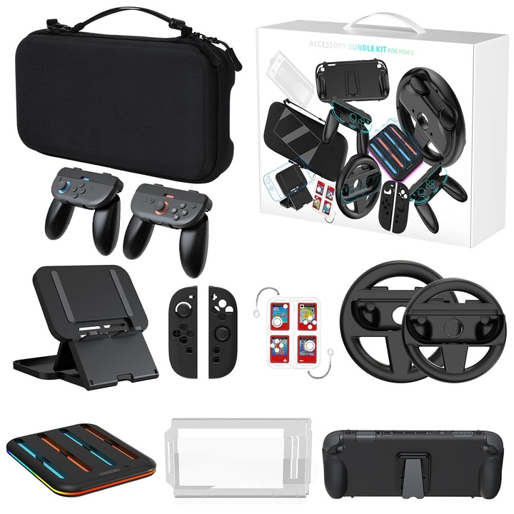 Set accesorii Yaskyly 15 in 1 pentru Nintendo Switch 2 – Geanta, husa protectie, folie ecran, suport, statie incarcare Joy-Con, husa transport si cutie pentru jocuri
