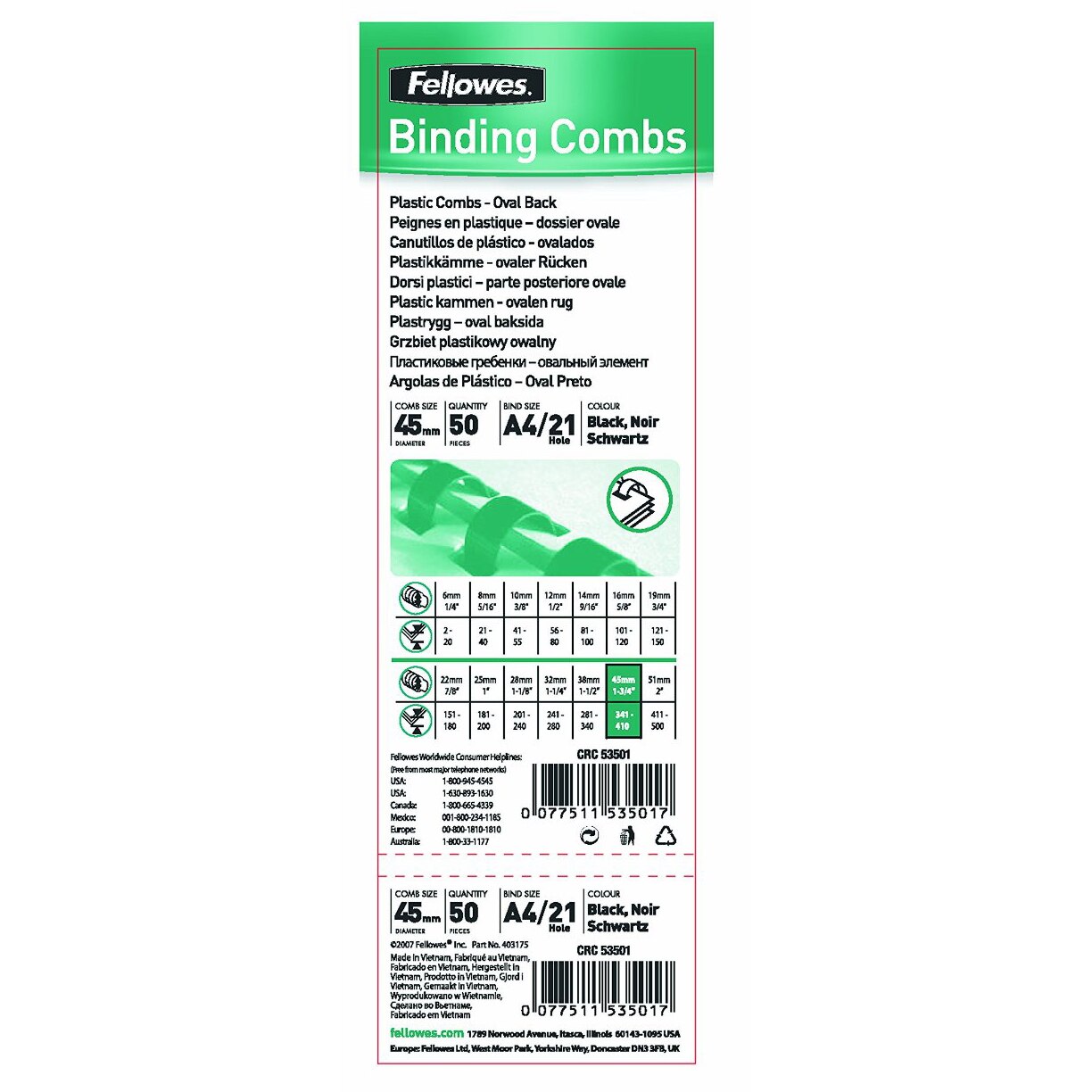 Inele din plastic pentru indosariere Fellowes, 45 mm/375 coli, A4, negre 50buc/set