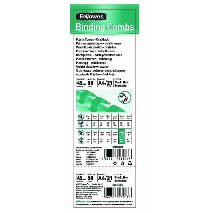Inele din plastic pentru indosariere Fellowes, 45 mm/375 coli, A4, negre 50buc/set