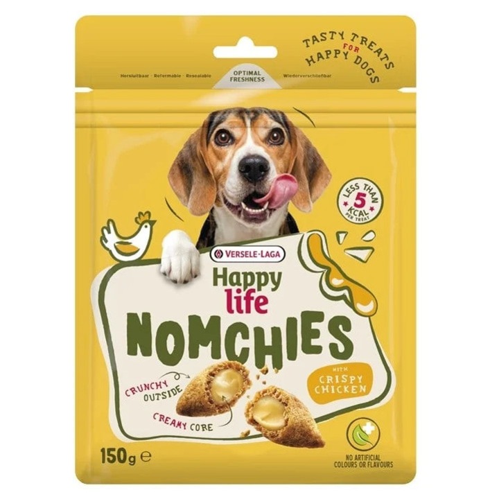 Snack pentru câini Versele-Laga Happy Life Nomchies Pui 150g, cu ingrediente naturale, sprijin imunitar