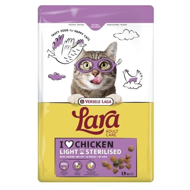 Aliment uscat pentru pisici Versele-Laga Lara Adult Light Sterilized, cu pui, 1, 9 kg