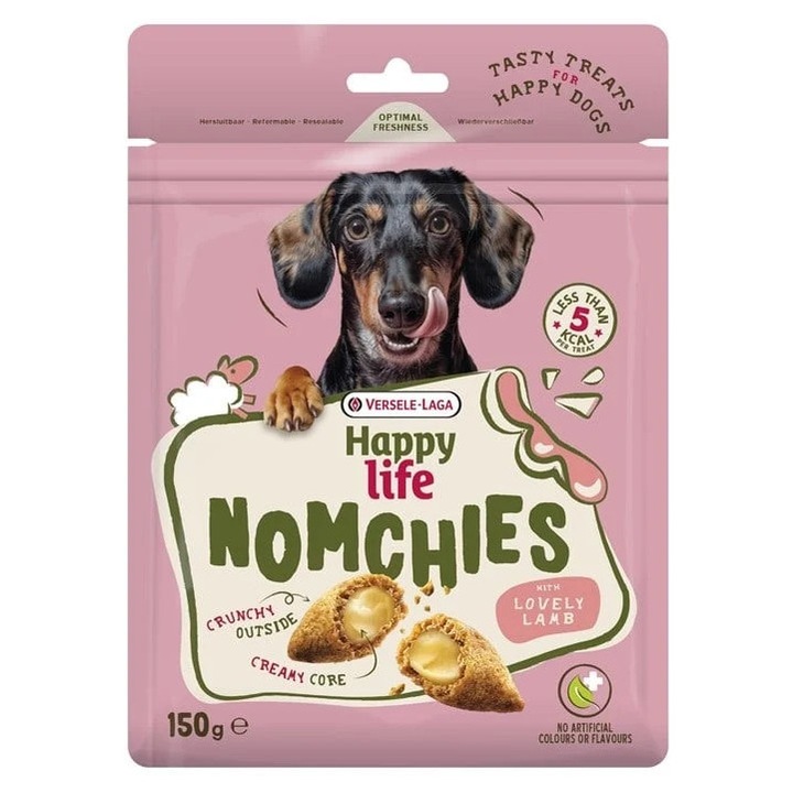 Snack pentru câini Versele-Laga Happy Life Nomchies Miel 150g, proteine din pui, cu prebiotice, pentru digestie sănătoasă