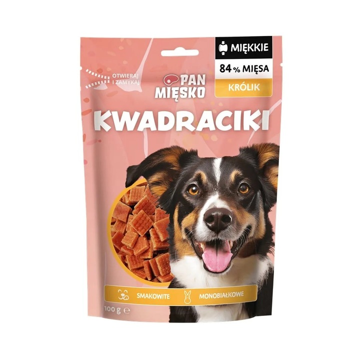 Snack pentru câini, Pan Mięsko, pătratele de iepure, 84% carne, 100 g