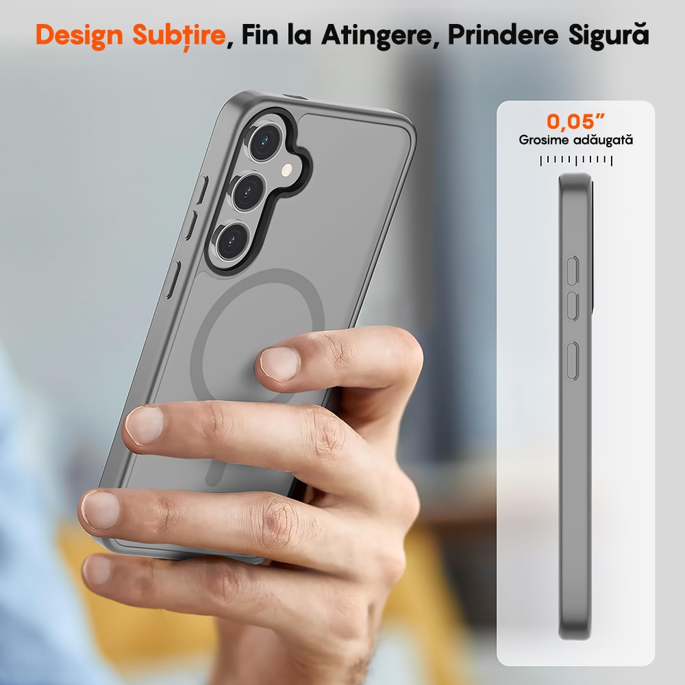 Husa compatibila cu Incarcare Magsafe pentru Samsung Galaxy S25 Plus, CASEY STUDIOS™, de Protectie, Slim, pentru Incarcare Wireless, Margini Ridicate pentru Protectia Ecranului si a Camerelor, Gri Deschis
