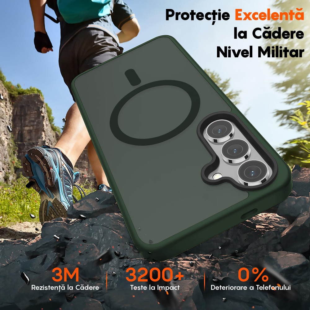 Husa compatibila cu Incarcare Magsafe pentru Samsung Galaxy S25, CASEY STUDIOS™, de Protectie, Slim, pentru Incarcare Wireless, Margini Ridicate pentru Protectia Ecranului si a Camerelor, Verde