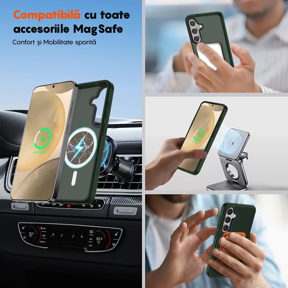 Husa compatibila cu Incarcare Magsafe pentru Samsung Galaxy S25, CASEY STUDIOS™, de Protectie, Slim, pentru Incarcare Wireless, Margini Ridicate pentru Protectia Ecranului si a Camerelor, Verde