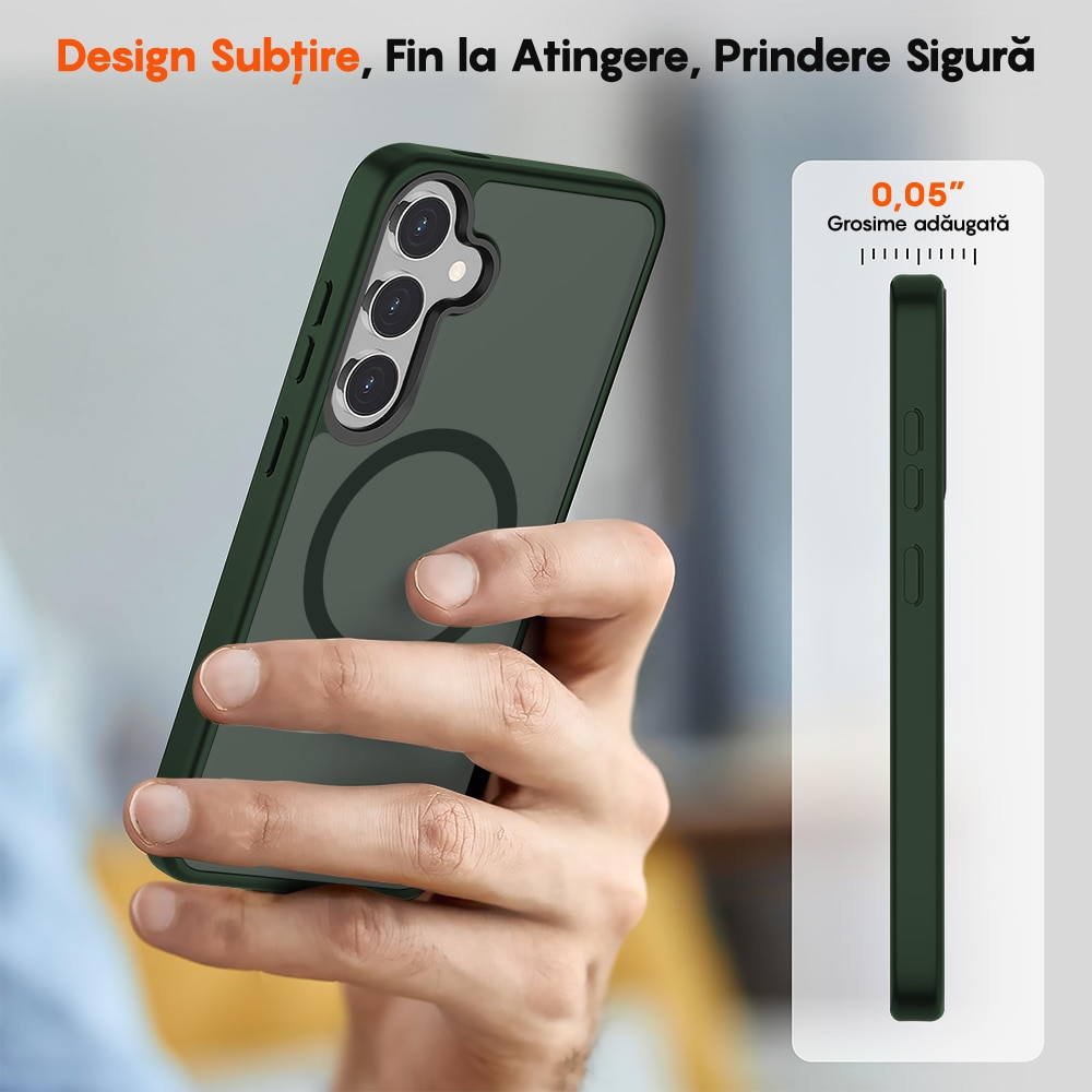 Husa compatibila cu Incarcare Magsafe pentru Samsung Galaxy S25, CASEY STUDIOS™, de Protectie, Slim, pentru Incarcare Wireless, Margini Ridicate pentru Protectia Ecranului si a Camerelor, Verde