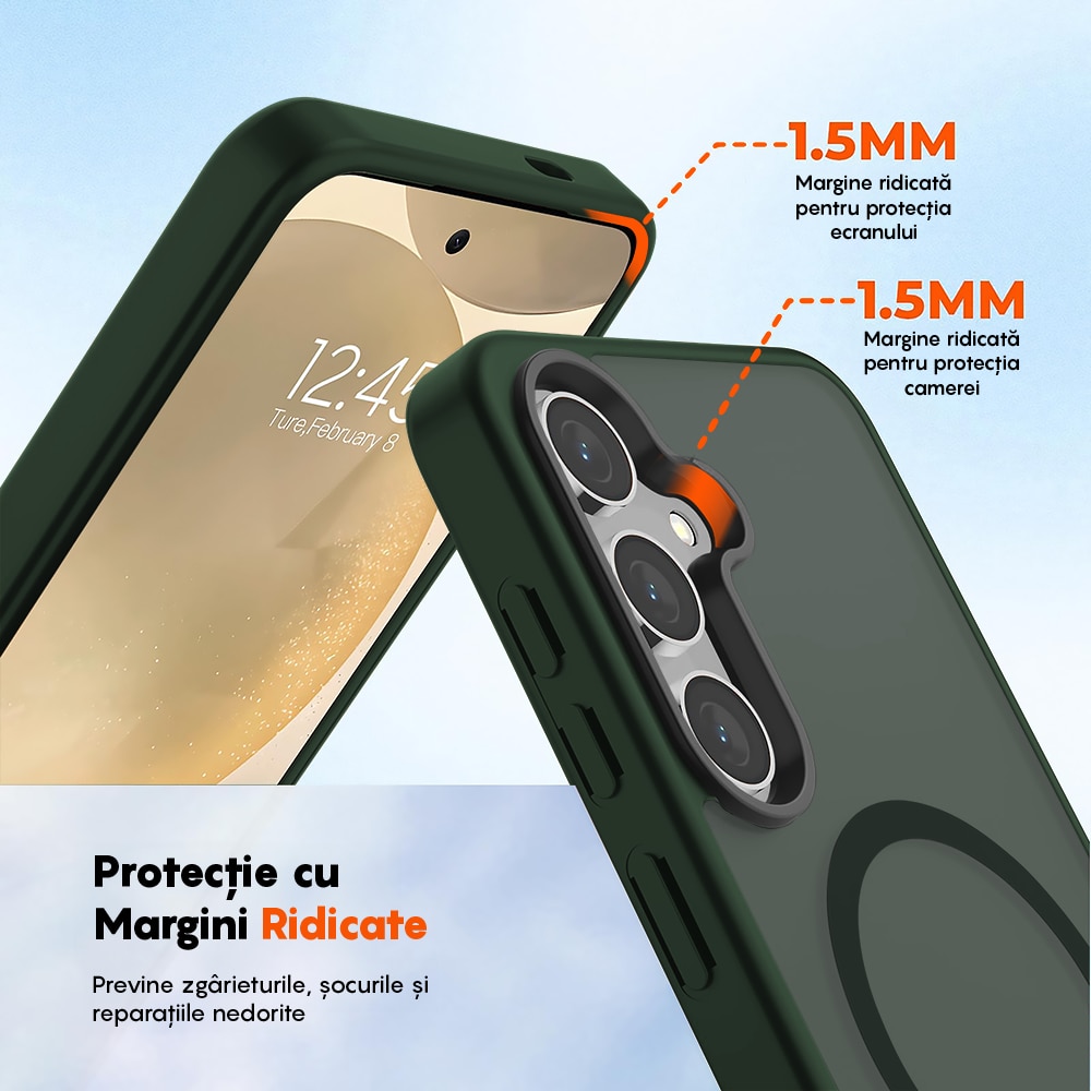 Husa compatibila cu Incarcare Magsafe pentru Samsung Galaxy S25, CASEY STUDIOS™, de Protectie, Slim, pentru Incarcare Wireless, Margini Ridicate pentru Protectia Ecranului si a Camerelor, Verde