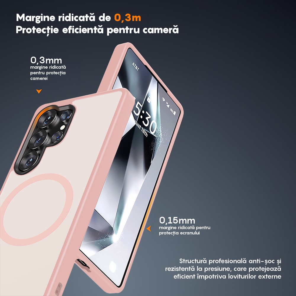 Husa compatibila cu Incarcare Magsafe pentru Samsung Galaxy S25 Ultra, CASEY STUDIOS™, de Protectie, Slim, pentru Incarcare Wireless, Margini Ridicate pentru Protectia Ecranului si a Camerelor, Roz