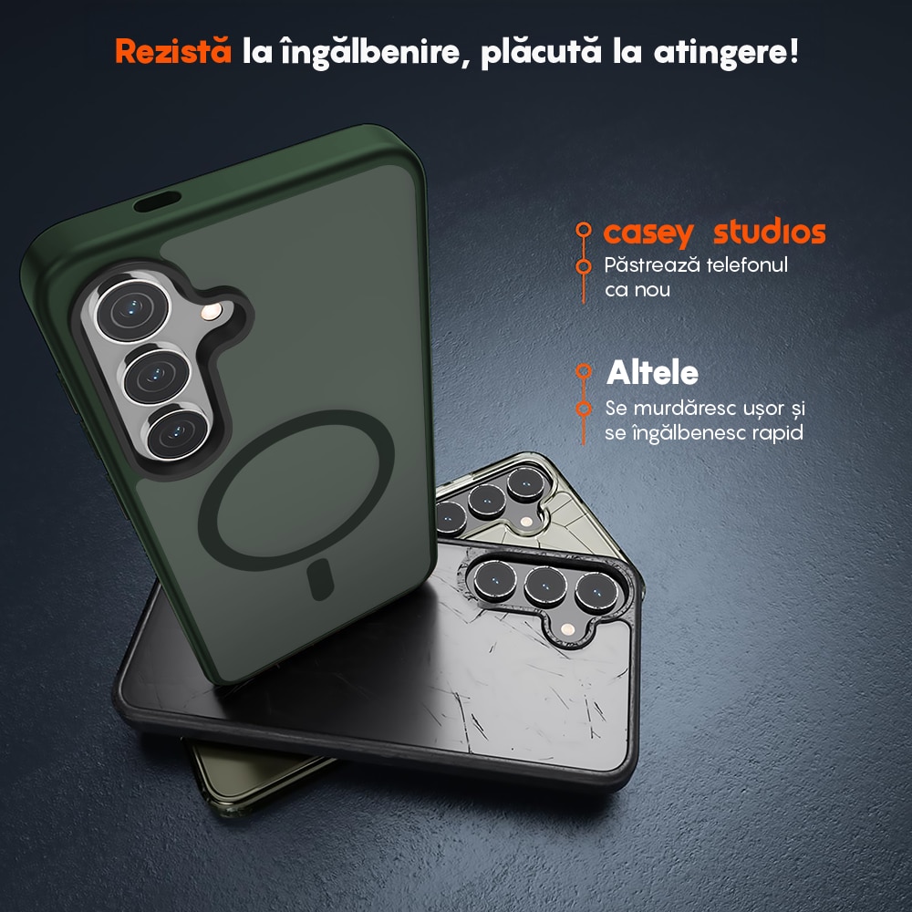 Husa compatibila cu Incarcare Magsafe pentru Samsung Galaxy S25, CASEY STUDIOS™, de Protectie, Slim, pentru Incarcare Wireless, Margini Ridicate pentru Protectia Ecranului si a Camerelor, Verde