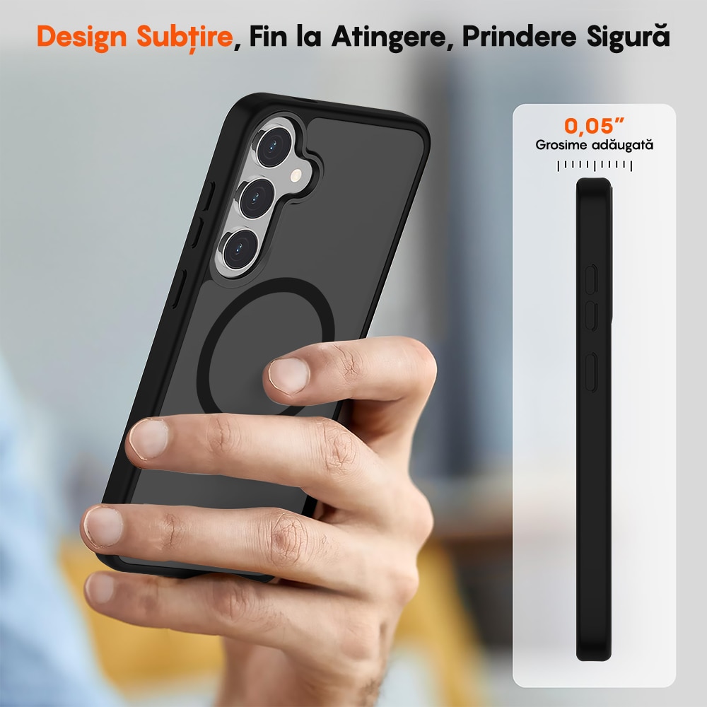 Husa compatibila cu Incarcare Magsafe pentru Samsung Galaxy S25, CASEY STUDIOS™, de Protectie, Slim, pentru Incarcare Wireless, Margini Ridicate pentru Protectia Ecranului si a Camerelor, Negru