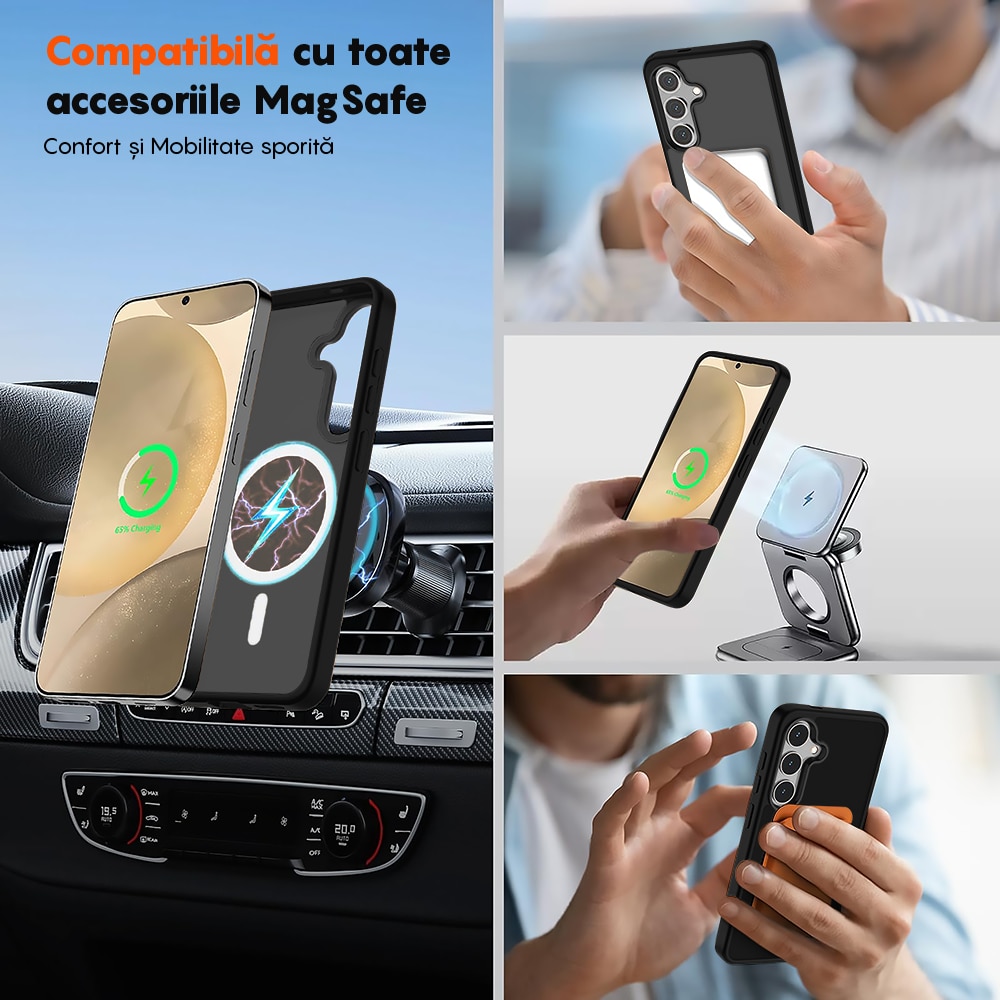 Husa compatibila cu Incarcare Magsafe pentru Samsung Galaxy S25, CASEY STUDIOS™, de Protectie, Slim, pentru Incarcare Wireless, Margini Ridicate pentru Protectia Ecranului si a Camerelor, Negru