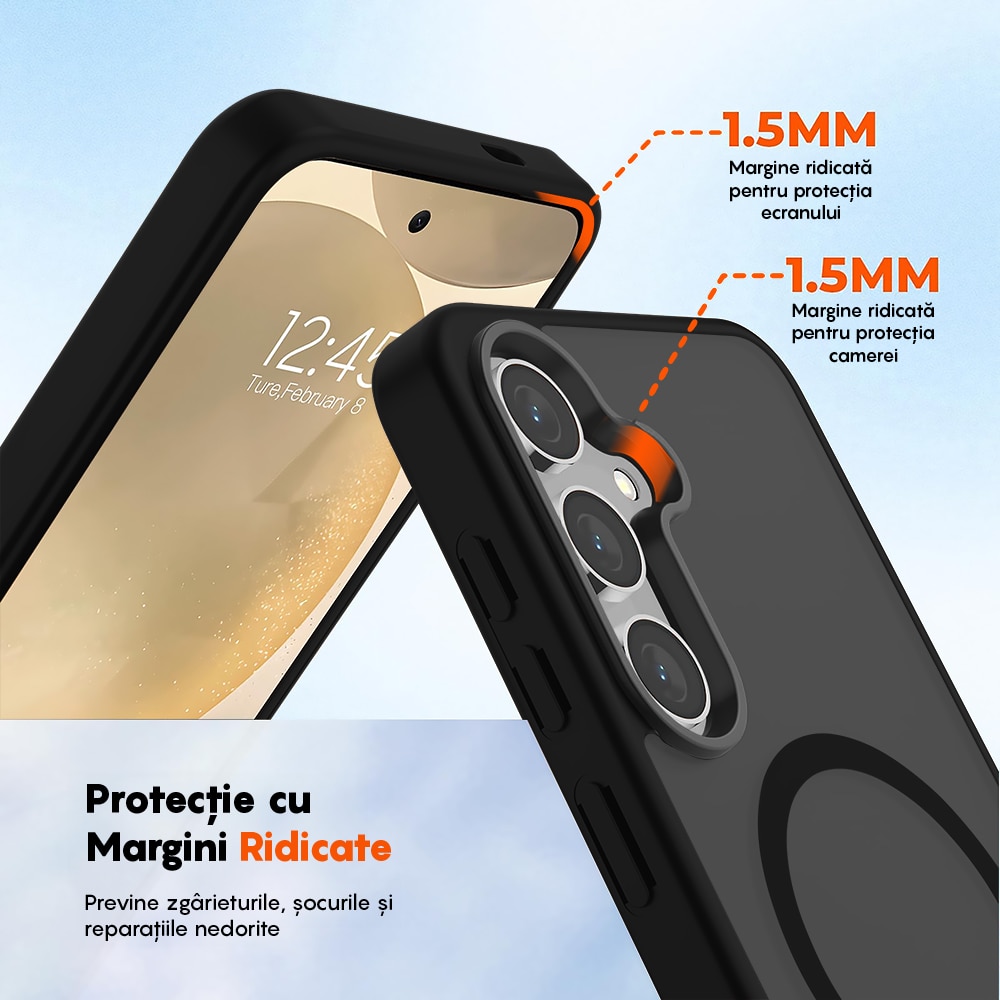 Husa compatibila cu Incarcare Magsafe pentru Samsung Galaxy S25, CASEY STUDIOS™, de Protectie, Slim, pentru Incarcare Wireless, Margini Ridicate pentru Protectia Ecranului si a Camerelor, Negru