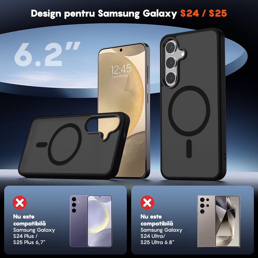 Husa compatibila cu Incarcare Magsafe pentru Samsung Galaxy S25, CASEY STUDIOS™, de Protectie, Slim, pentru Incarcare Wireless, Margini Ridicate pentru Protectia Ecranului si a Camerelor, Negru