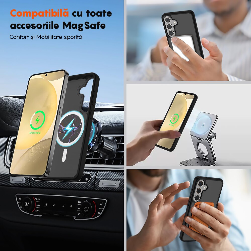 Husa compatibila cu Incarcare Magsafe pentru Samsung Galaxy S25 Plus, CASEY STUDIOS™, de Protectie, Slim, pentru Incarcare Wireless, Margini Ridicate pentru Protectia Ecranului si a Camerelor, Negru