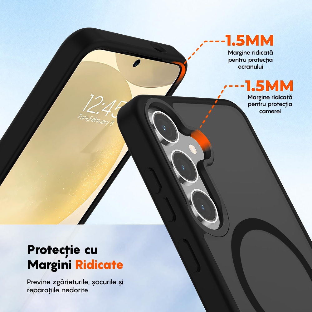 Husa compatibila cu Incarcare Magsafe pentru Samsung Galaxy S25 Plus, CASEY STUDIOS™, de Protectie, Slim, pentru Incarcare Wireless, Margini Ridicate pentru Protectia Ecranului si a Camerelor, Negru