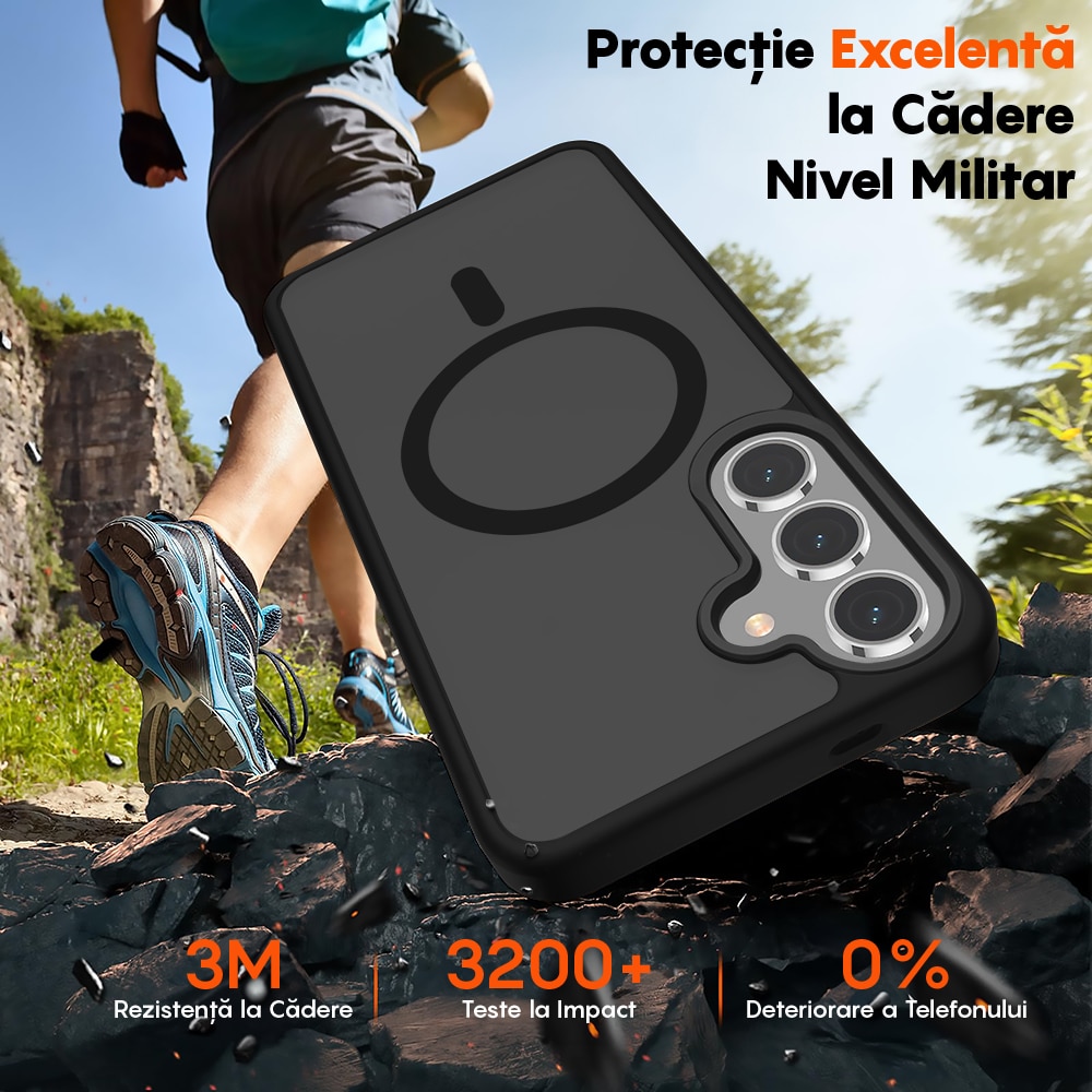 Husa compatibila cu Incarcare Magsafe pentru Samsung Galaxy S25 Plus, CASEY STUDIOS™, de Protectie, Slim, pentru Incarcare Wireless, Margini Ridicate pentru Protectia Ecranului si a Camerelor, Negru