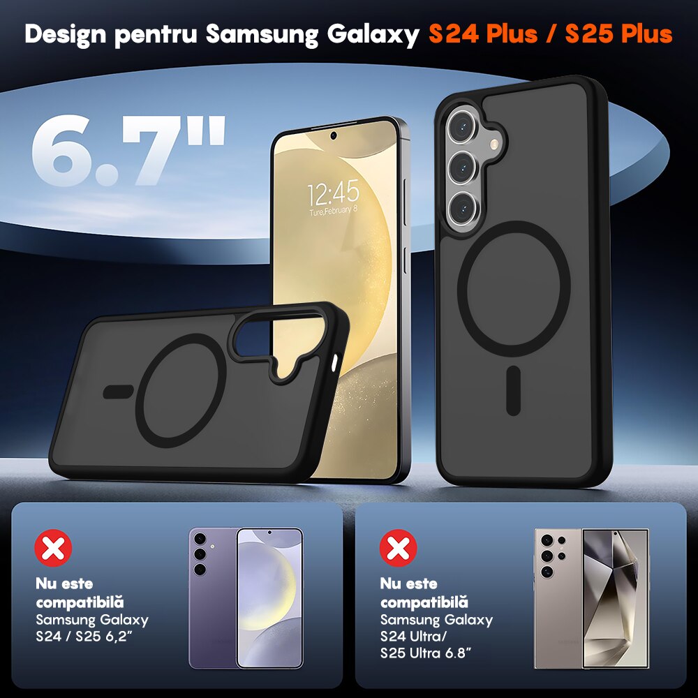 Husa compatibila cu Incarcare Magsafe pentru Samsung Galaxy S25 Plus, CASEY STUDIOS™, de Protectie, Slim, pentru Incarcare Wireless, Margini Ridicate pentru Protectia Ecranului si a Camerelor, Negru