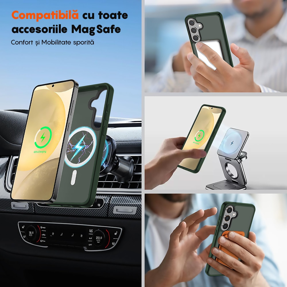 Husa compatibila cu Incarcare Magsafe pentru Samsung Galaxy S24 Plus, CASEY STUDIOS™, de Protectie, Slim, pentru Incarcare Wireless, Margini Ridicate pentru Protectia Ecranului si a Camerelor, Verde