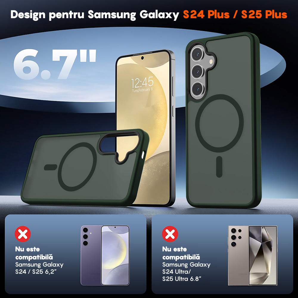 Husa compatibila cu Incarcare Magsafe pentru Samsung Galaxy S24 Plus, CASEY STUDIOS™, de Protectie, Slim, pentru Incarcare Wireless, Margini Ridicate pentru Protectia Ecranului si a Camerelor, Verde