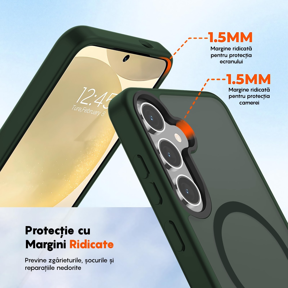 Husa compatibila cu Incarcare Magsafe pentru Samsung Galaxy S24 Plus, CASEY STUDIOS™, de Protectie, Slim, pentru Incarcare Wireless, Margini Ridicate pentru Protectia Ecranului si a Camerelor, Verde
