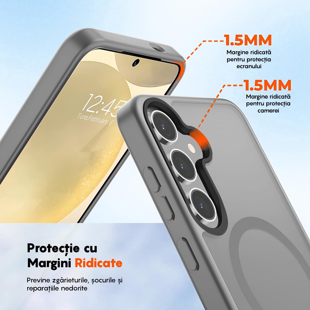 Husa compatibila cu Incarcare Magsafe pentru Samsung Galaxy S25 Plus, CASEY STUDIOS™, de Protectie, Slim, pentru Incarcare Wireless, Margini Ridicate pentru Protectia Ecranului si a Camerelor, Gri Deschis