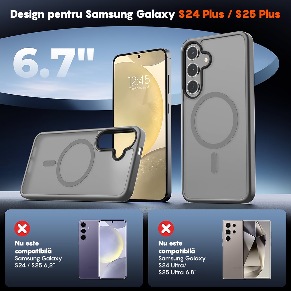 Husa compatibila cu Incarcare Magsafe pentru Samsung Galaxy S25 Plus, CASEY STUDIOS™, de Protectie, Slim, pentru Incarcare Wireless, Margini Ridicate pentru Protectia Ecranului si a Camerelor, Gri Deschis
