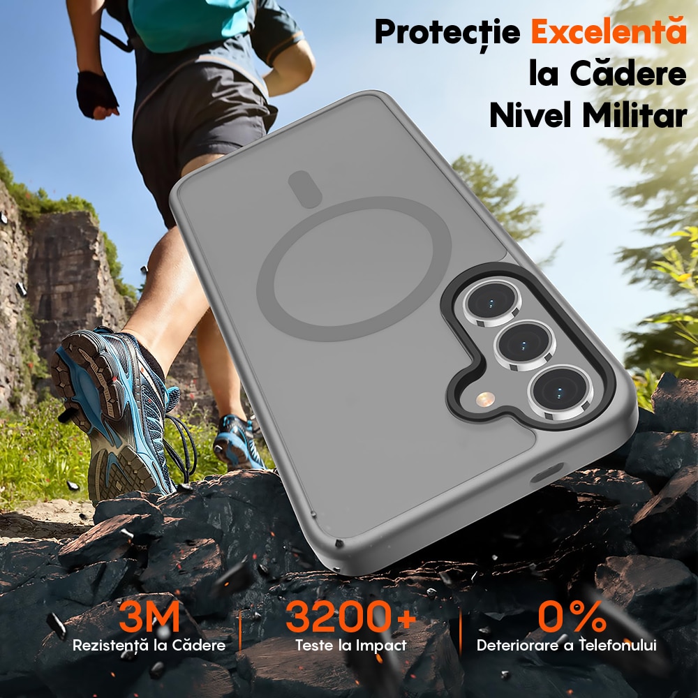 Husa compatibila cu Incarcare Magsafe pentru Samsung Galaxy S25 Plus, CASEY STUDIOS™, de Protectie, Slim, pentru Incarcare Wireless, Margini Ridicate pentru Protectia Ecranului si a Camerelor, Gri Deschis