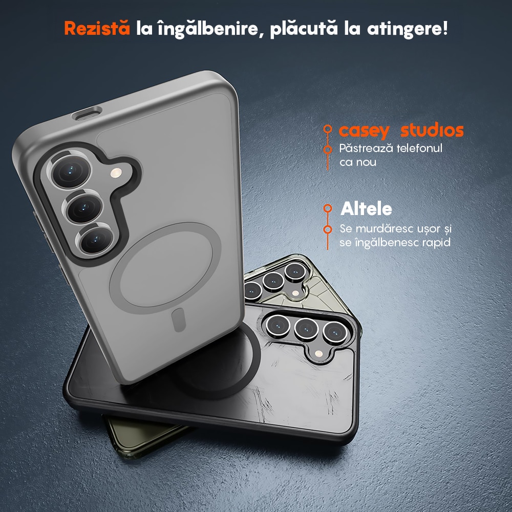 Husa compatibila cu Incarcare Magsafe pentru Samsung Galaxy S25 Plus, CASEY STUDIOS™, de Protectie, Slim, pentru Incarcare Wireless, Margini Ridicate pentru Protectia Ecranului si a Camerelor, Gri Deschis