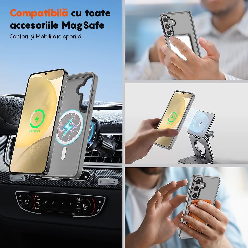 Husa compatibila cu Incarcare Magsafe pentru Samsung Galaxy S25 Plus, CASEY STUDIOS™, de Protectie, Slim, pentru Incarcare Wireless, Margini Ridicate pentru Protectia Ecranului si a Camerelor, Gri Deschis