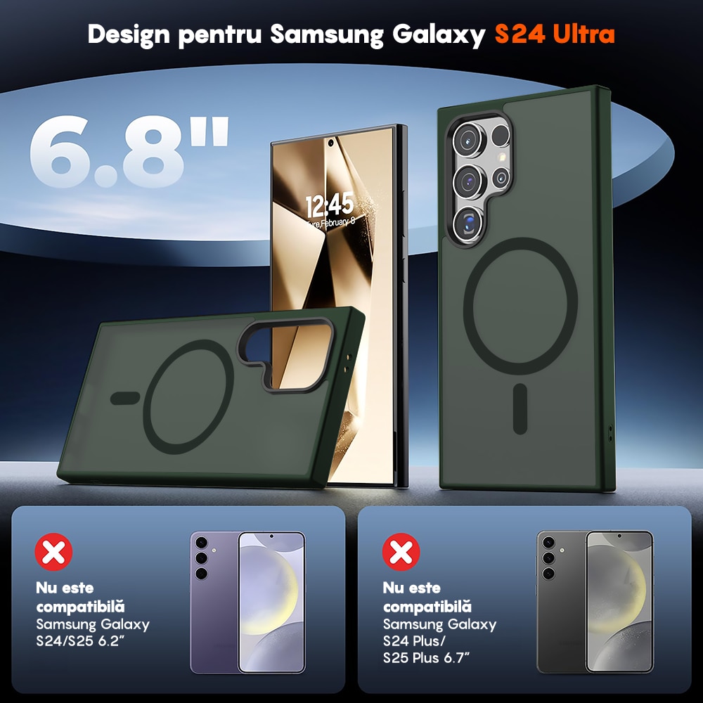 Husa compatibila cu Incarcare Magsafe pentru Samsung Galaxy S24 Ultra, CASEY STUDIOS™, de Protectie, Slim, pentru Incarcare Wireless, Margini Ridicate pentru Protectia Ecranului si a Camerelor, Verde